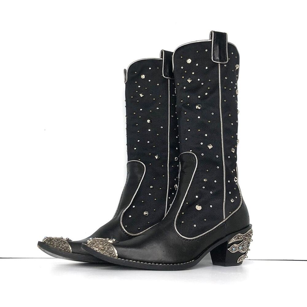 Giuseppe Zanotti Crystals Studded Pull On Western Cowgirl Heeled Boots 37.5